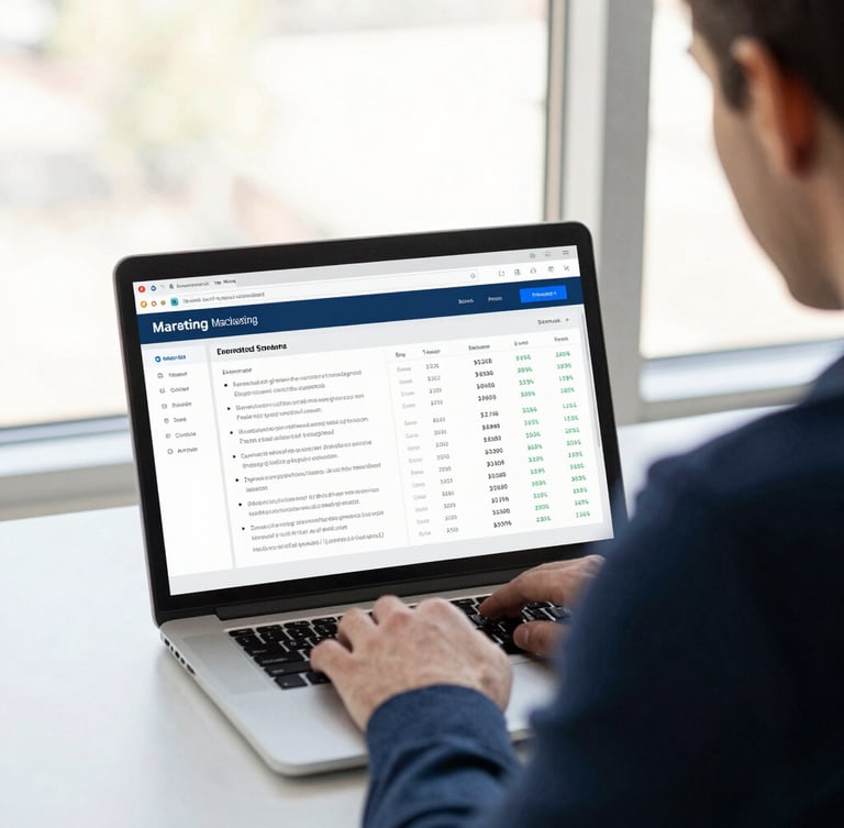 Over-the-shoulder perspective of a strategist analyzing a clean marketing data dashboard on a laptop, bright natural window light, navy and slate tones, shallow depth of field