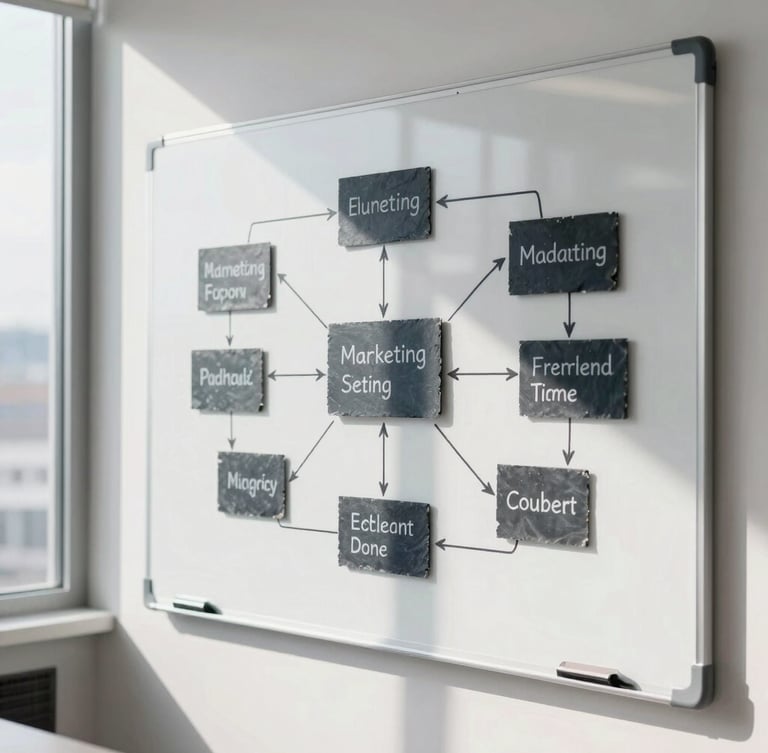 A sunlit modern office wall with a clean whiteboard containing structured marketing flowcharts, sharp shadows, slate gray accents