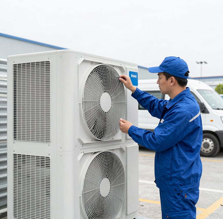 Professional technician in uniform inspecting a complex HVAC system, clean corporate environment, bright daylight, sharp focus, 35mm