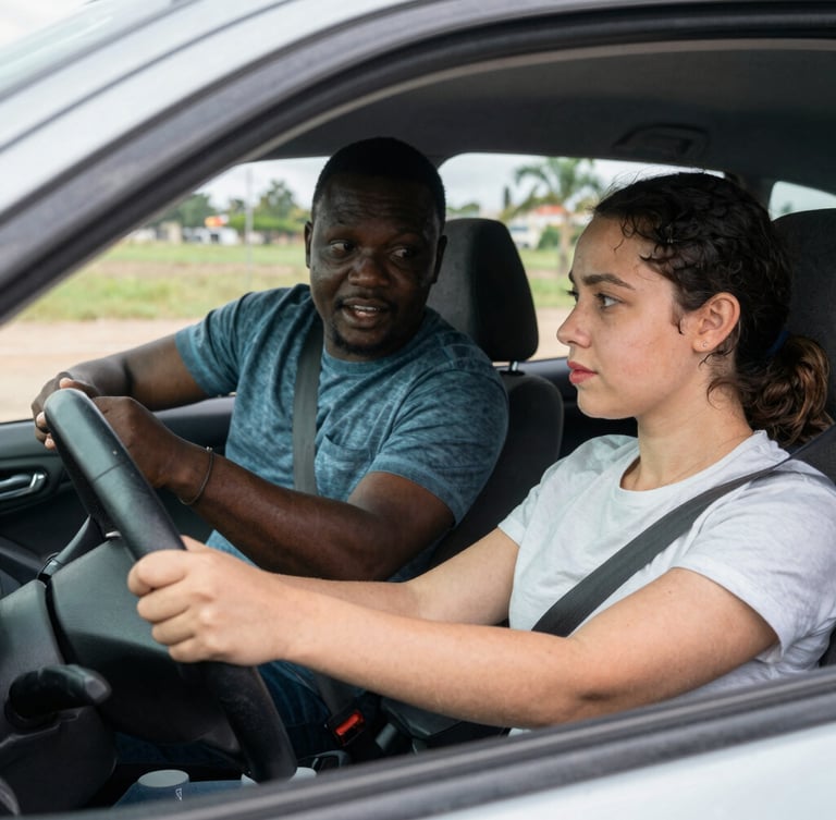 A medium close-up of a patient driving instructor calmly guiding a focused teenage driver inside a stationary training vehicle, soft natural Maryland daylight filtering through the window, warm expressions.