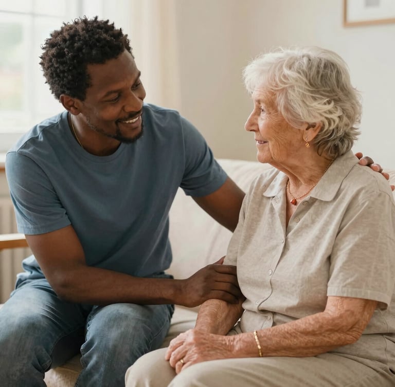 A warm, sunlit Maryland living room where a caregiver gently holds an elderly resident's hand, soft natural daylight, peaceful and dignified atmosphere.