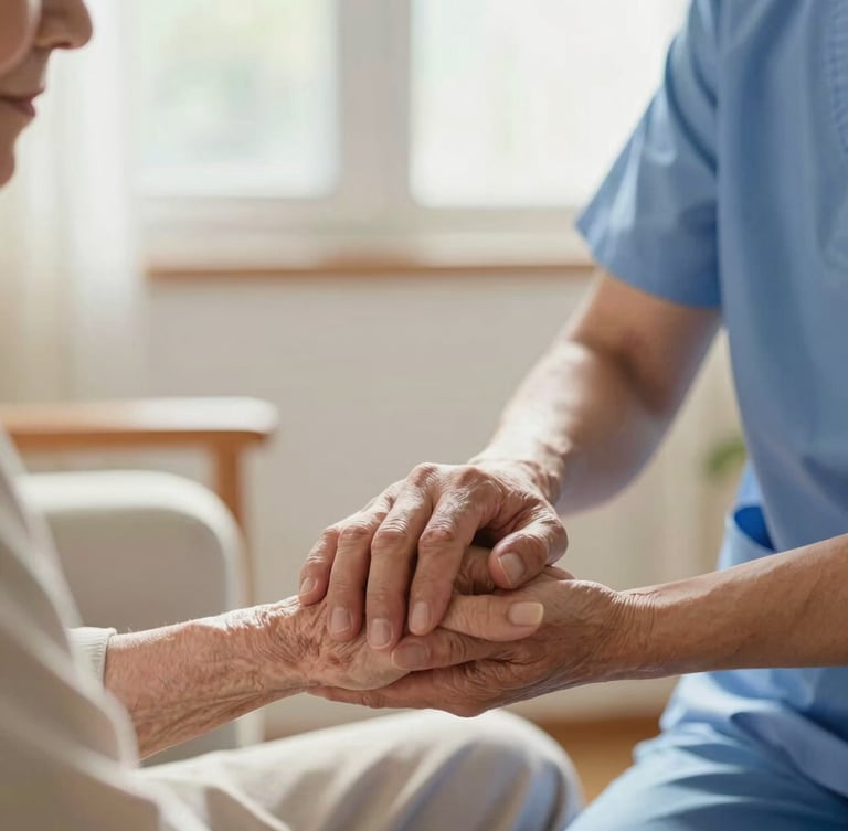 A compassionate caregiver gently holding the hand of an elderly resident in a bright, sunlit room, soft natural daylight, warm and comforting interaction