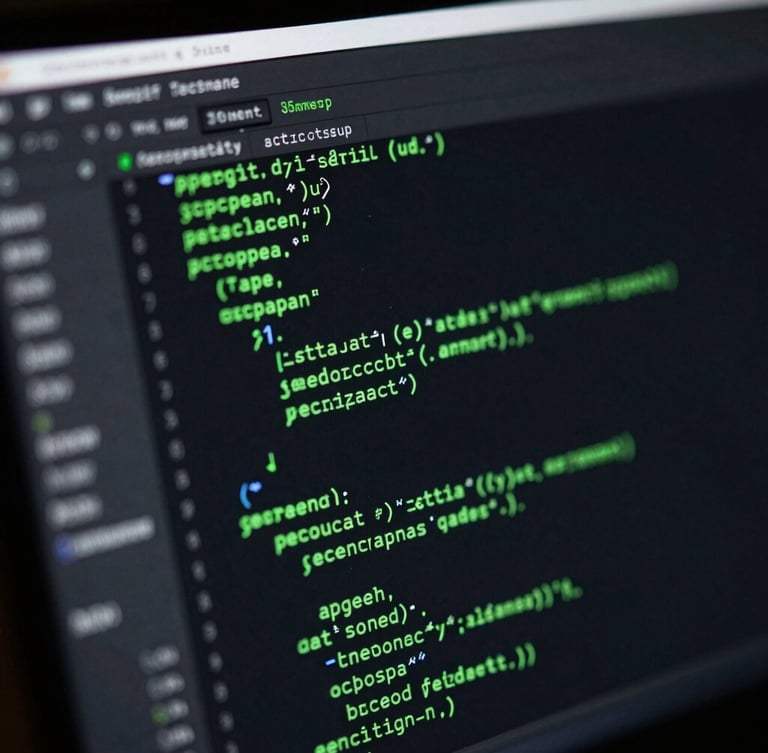 Sleek tech photography, dark ambient studio lighting, electric volt green accents, macro depth of field, 35mm. High-resolution screen displaying clean optimized code with glowing green syntax highlighting, angled isometric shot.