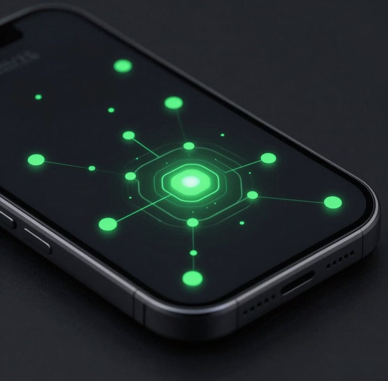 Isometric view of a sleek dark-mode mobile application interface, glowing digital nodes, electric volt green accents, high contrast, 35mm