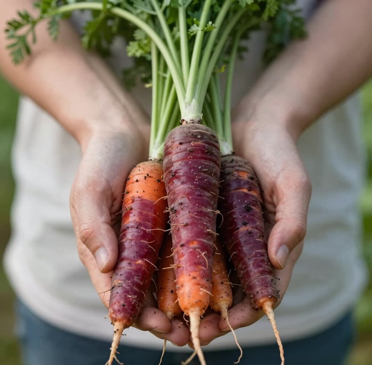 Intimate close-up of dirt-speckled hands holding freshly harvested heirloom carrots under soft, diffused Scandinavian natural light, high contrast, shallow depth of field, 35mm