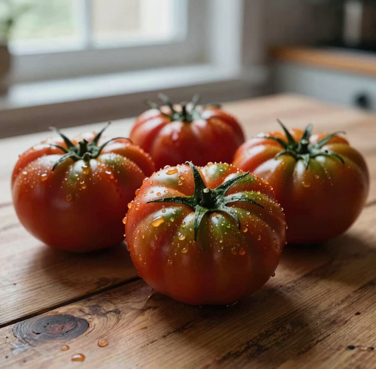 Close-up of fresh heirloom tomatoes with water droplets, resting on a rustic wooden table in a Scandinavian-style kitchen, soft natural window light, deep shadows, 35mm