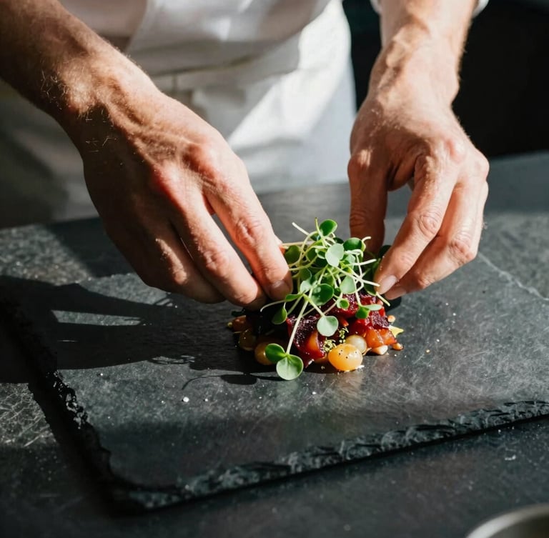 Overhead close-up of a chef's hands carefully plating a vibrant dish with microgreens, dramatic side lighting casting long shadows on a dark slate counter, 35mm