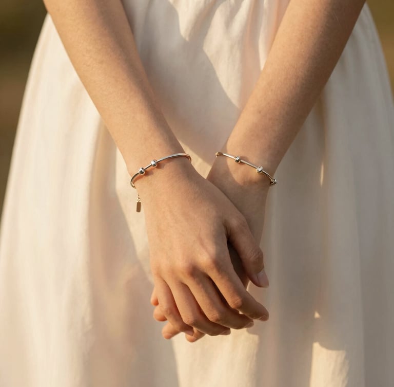 Close-up portrait of hands clasped, showing delicate steel bracelets catching warm golden hour sunlight, soft cream fabric background, minimalist editorial composition.