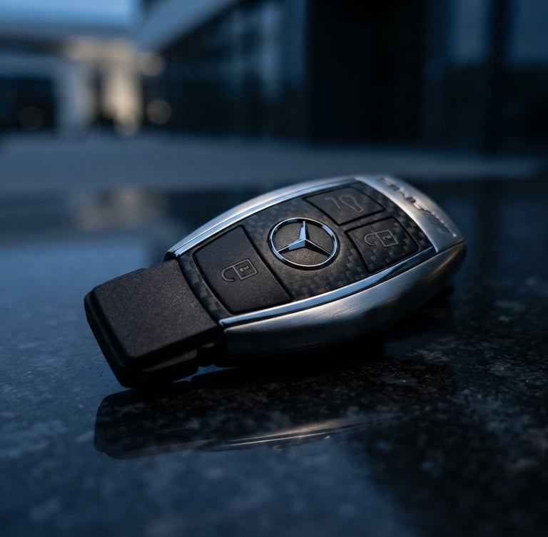 Close-up of a sleek Mercedes-AMG key fob on a polished dark surface, dramatic twilight lighting, sharp focus on the metallic details, subtle reflections, low-angle wide shot.