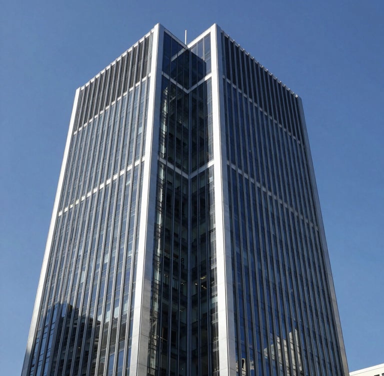 Wide architectural crop of a modern corporate skyscraper in Madrid, cool silver and navy glass facade, sharp angles, crisp daylight, 35mm