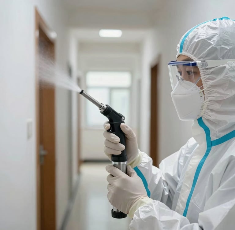 Clinical macro photograph of a professional environmental technician in clean white protective PPE, holding a precise steel nozzle, applying sanitization barrier in a bright, modern residential corridor, high contrast, studio-like daylight.