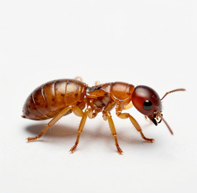 Macro photography of drywood termite soldier isolated on white background, sharp focus on mandibles, clinical studio lighting.