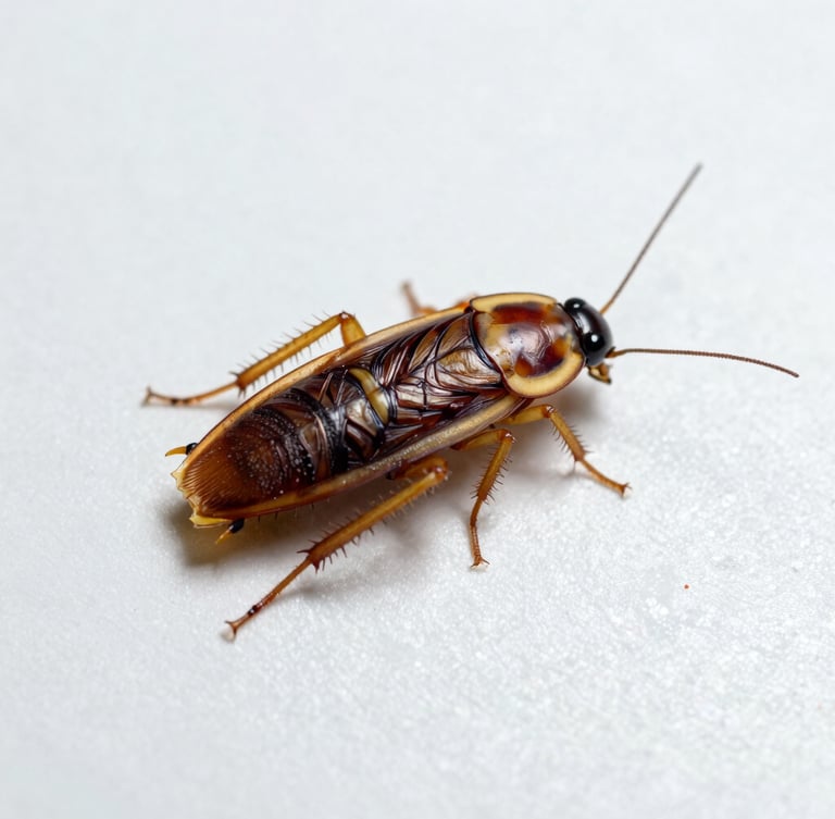 Macro photography of a German cockroach (Blattella germanica) on a sterile white tile background, sharp scientific focus, clinical lighting.
