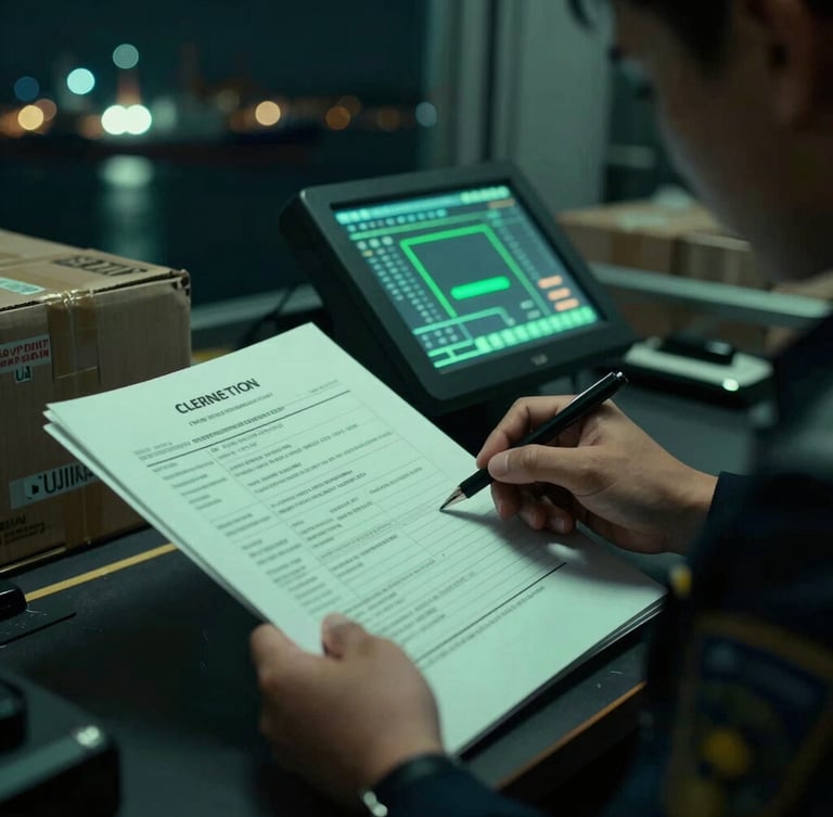 Extreme close-up of a customs officer inspecting cargo documents with a high-tech terminal in the background, low-key lighting with sharp green accents.