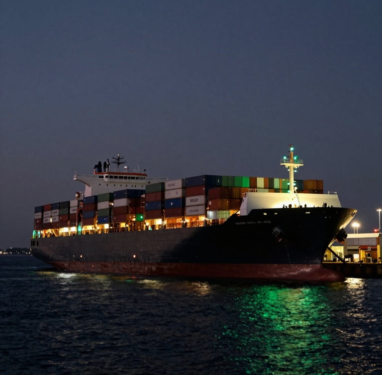 Cinematic wide-angle shot of a massive container ship at dusk, dramatic harbor lighting, deep black water, glowing emerald green port indicators