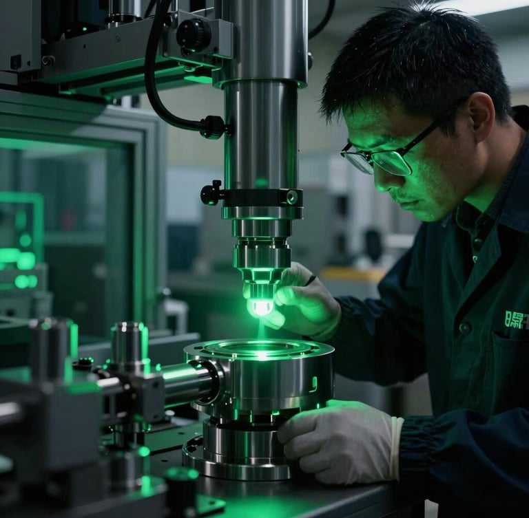 Extreme close-up of an industrial quality inspector in a high-tech facility measuring precision metal components under emerald green laser guidance lights.