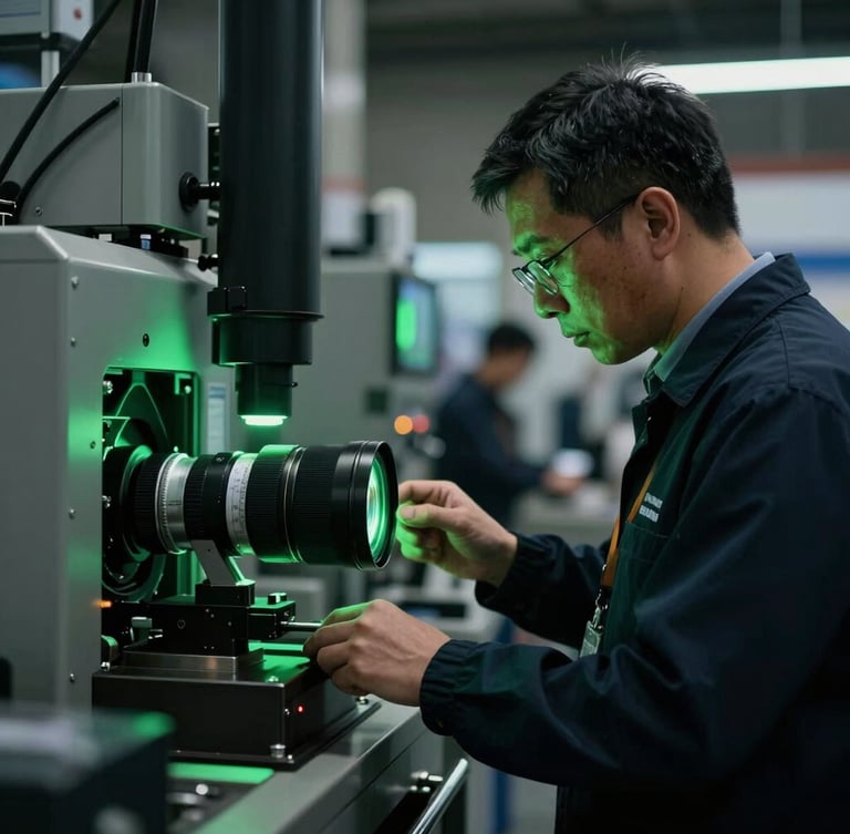 Close-up of industrial quality inspector examining machinery, cinematic low-key lighting, sharp focus, emerald green highlights, professional trade environment