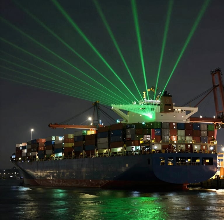 Ultra-wide environmental shot of a massive container ship loading at an industrial port at dusk, sharp emerald green laser lines mapping structural grids over the cargo, dramatic backlighting, cinematic low-key photography, anamorphic lens.
