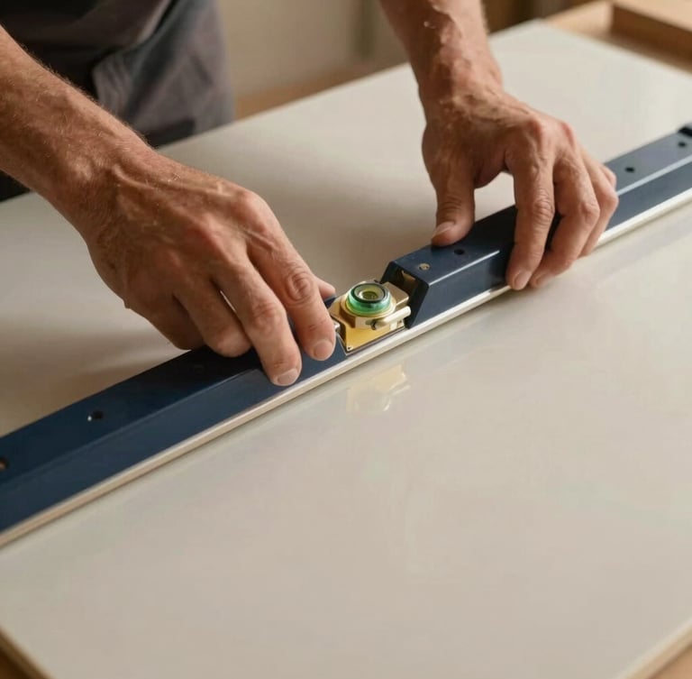 Macro photography of a craftsman leveling a large format porcelain slab, focus on the perfect joint alignment, clean hands, professional tools, warm ambient light