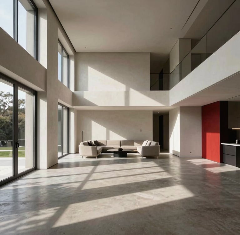 Wide architectural shot of a minimalist luxury villa interior, high-contrast natural light casting sharp diagonal shadows on polished concrete floors, clean vertical lines, premium Italian furniture, neutral tones with a subtle red accent
