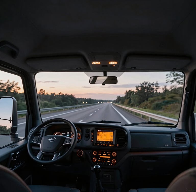 Wide-angle interior shot of a modern truck cabin, view looking out through the windshield onto a European highway at twilight, clean dashboard with glowing orange digital displays.