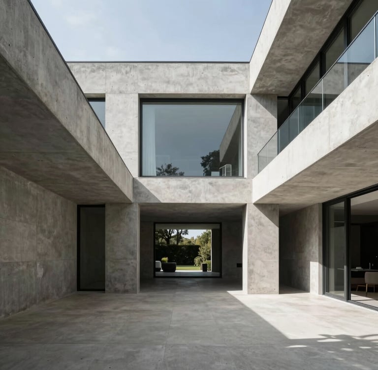 Wide-angle architectural shot of a modern luxury villa with clean concrete lines, high-contrast natural light, and sharp vertical alignments.