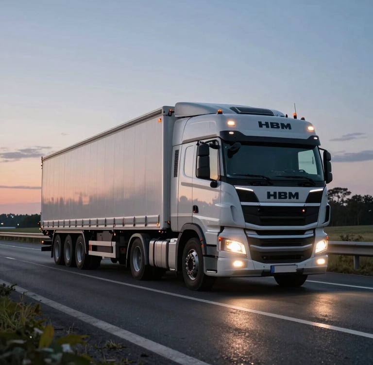 Wide-angle twilight shot of an HBM heavy semi-trailer truck driving on a European highway, headlights illuminating the wet asphalt, industrial precision lighting.