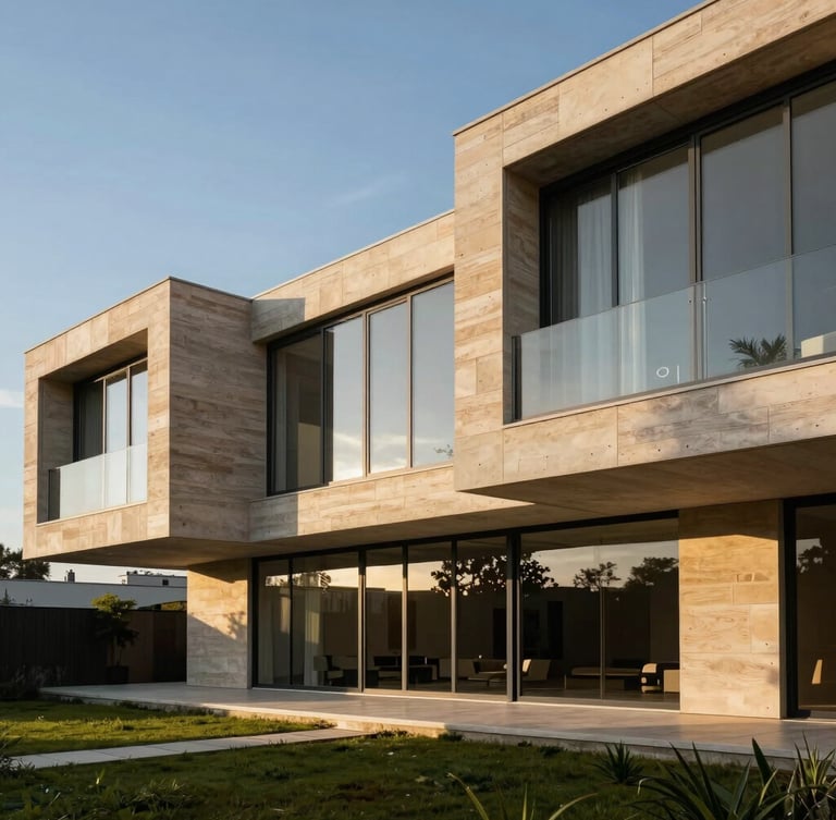 Vue architecturale en contre-plongée d'une villa moderne en béton brut et baies vitrées, lumière rasante du matin, lignes géométriques parfaites, ciel pur d'Alger.