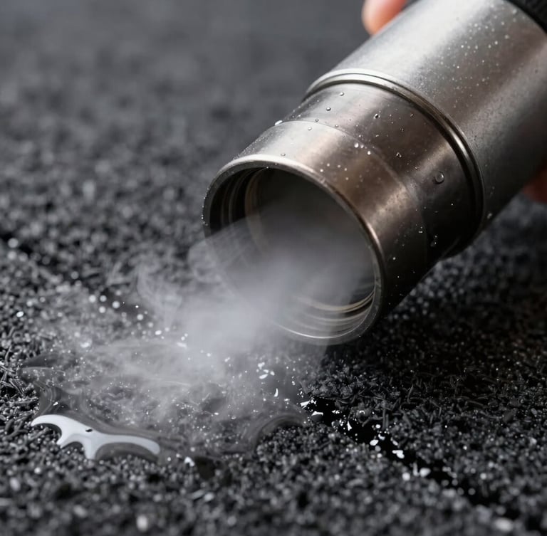Extreme close-up of a high-power steam extraction nozzle deep-cleaning a dark textured carpet, sharp daylight, visible water droplets and clean split line, clinical precision.