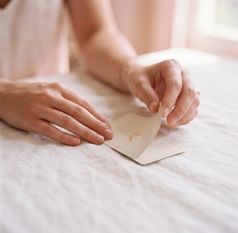 Ethereal close-up of delicate hands gently turning over a minimalist tarot card on a white linen surface, soft diffuse pink light, 35mm fine-art photography