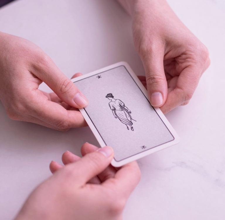 Close-up macro shot of elegant hands holding a beautifully illustrated minimalist tarot card over a clean white marble desk, soft diffused pink light, 35mm
