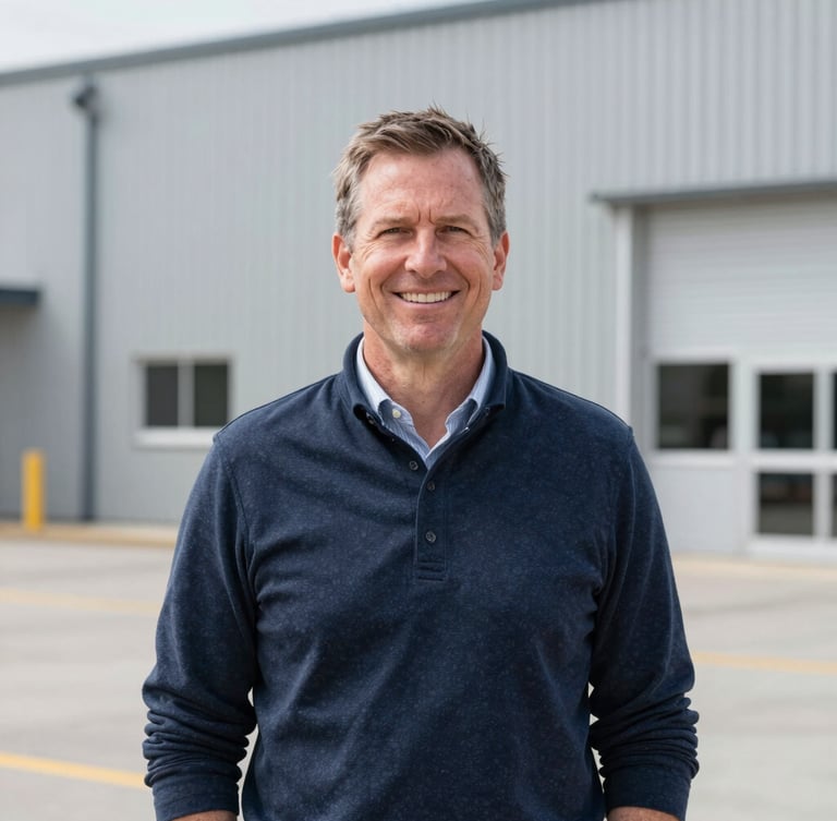 Professional environmental portrait of founder Steve Thompson in a clean industrial facility, natural daylight, sharp focus, 35mm lens