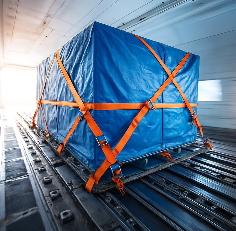 Close-up of secured high-value cargo inside a clean, modern cargo bay, bright high-contrast daylight streaming through open doors, showing industrial straps and precision logistics gear.