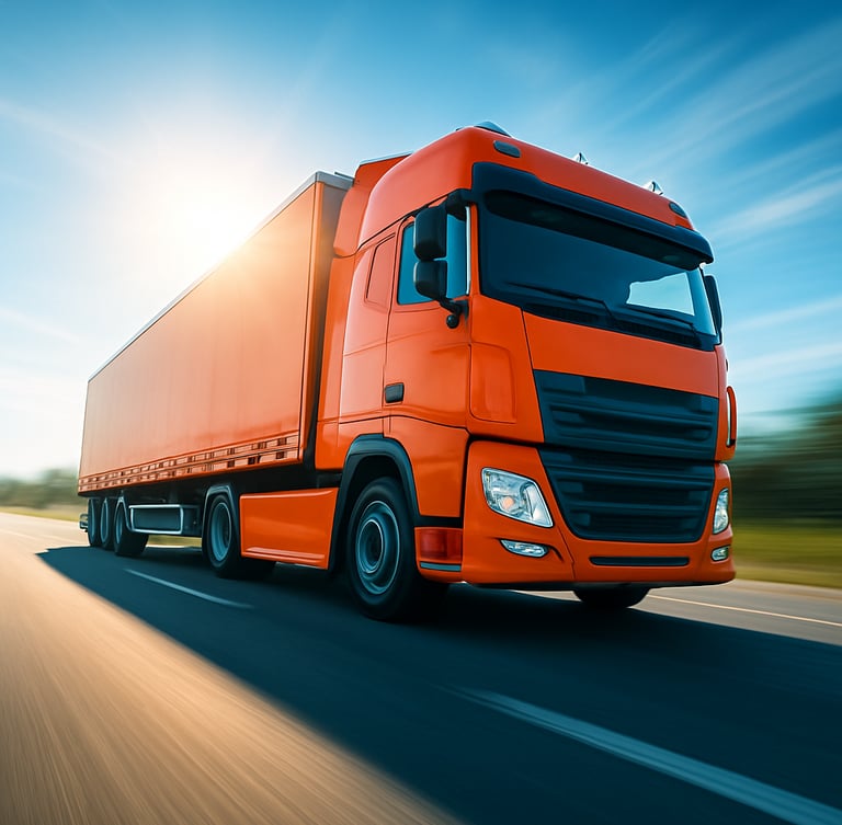 Dynamic low-angle shot of a modern orange freight truck speeding down an open highway under bright morning sun, motion blur background