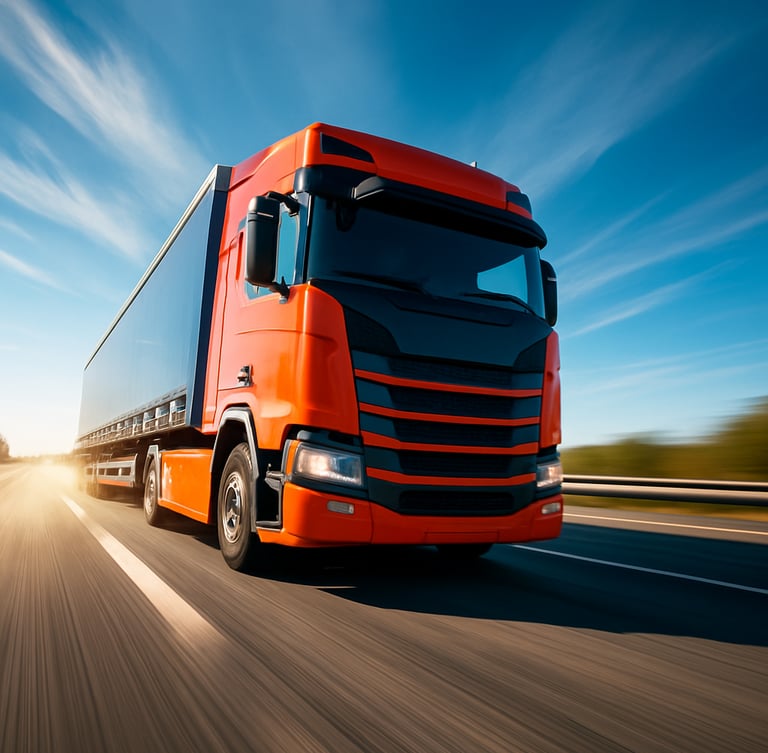 Low-angle dynamic shot of a modern freight truck speeding down a sunlit highway, motion blur, bright daylight, vivid orange accents