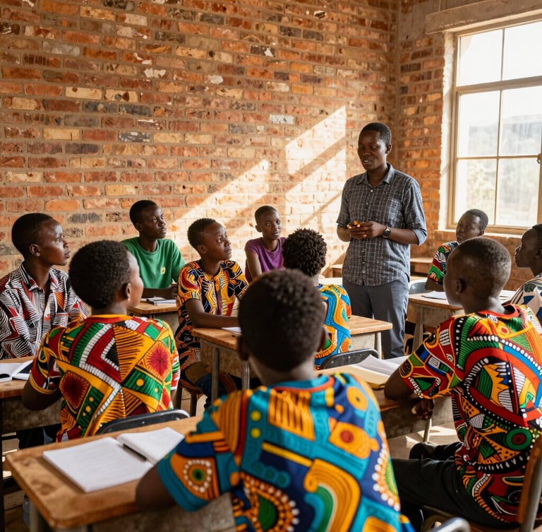 Medium shot of students and a teacher engaged in a lively discussion inside a well-lit brick classroom, natural sunlight, vibrant African heritage colors, 35mm lens.