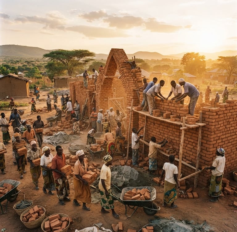 Wide environmental shot of community members collaboratively building a terracotta brick structure under warm golden hour sunlight, vibrant earth tones, natural lighting, 35mm lens.