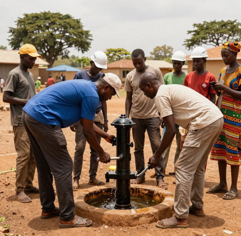 Wide shot of local engineers installing a community water pump, rich earth tones, active collaborative work, 35mm lens.