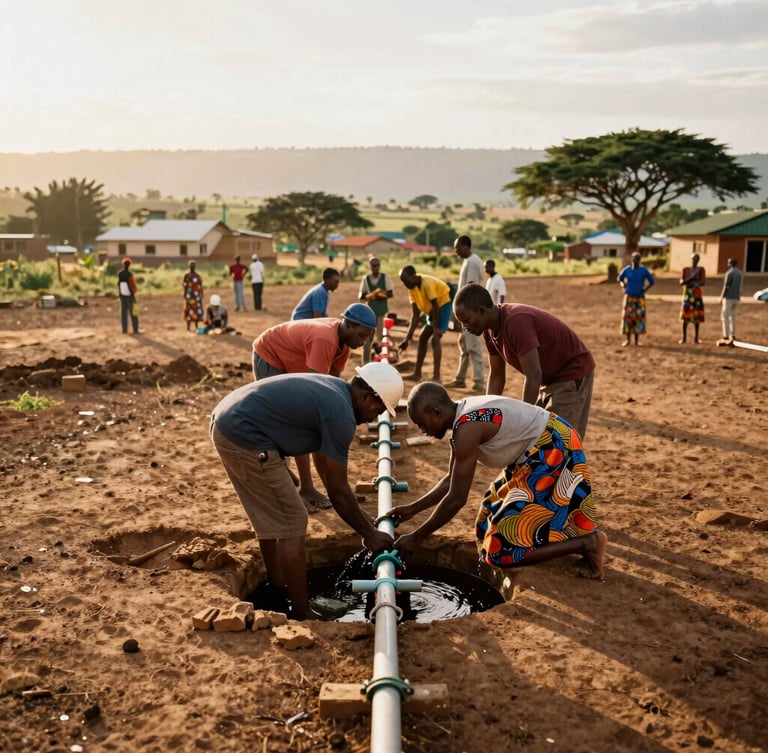 Wide environmental shot of local engineers and community members installing a water distribution grid in a sunlit eastern valley, rich earth tones, golden hour, 35mm documentary photography.