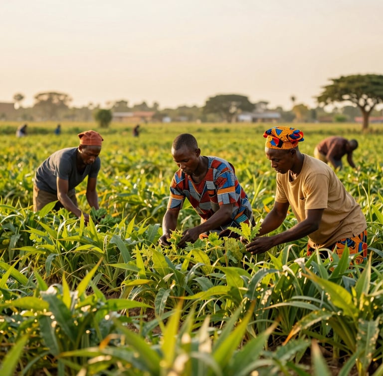 Medium shot of local farmers inspecting crops in a vibrant green field, warm golden hour tones, collaborative work, 35mm lens.