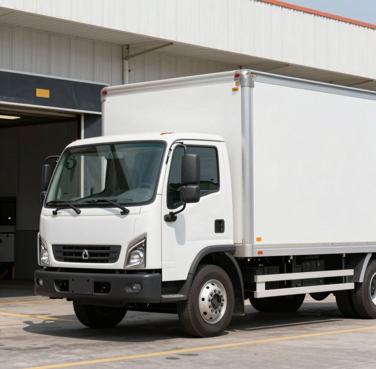 Crisp commercial photography of a clean white rigid box truck parked at a modern concrete loading dock, bright daylight, sharp focus, 35mm lens