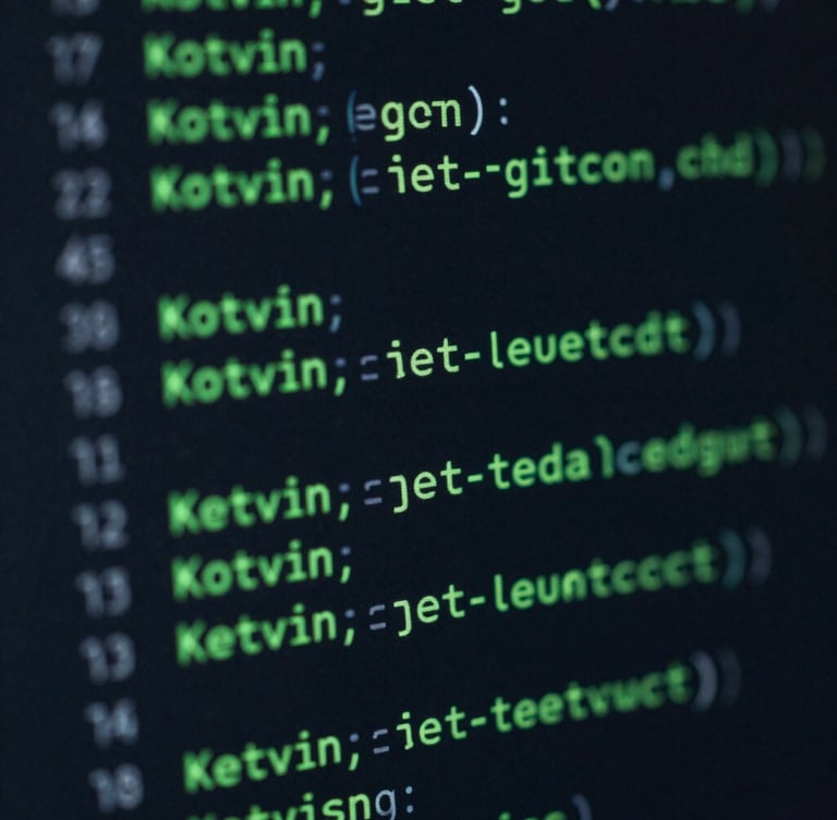 Tight macro shot of clean Kotlin code on a high-end dark display, sharp emerald green syntax highlighting, moody studio lighting