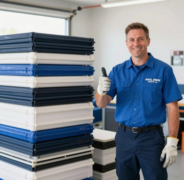 Medium action shot of a Haul Away Junk LLC crew member in a clean uniform, wearing safety gloves, giving a thumbs-up while standing next to a neatly stacked pile of items in a clean garage, bright natural daylight, crisp focus.