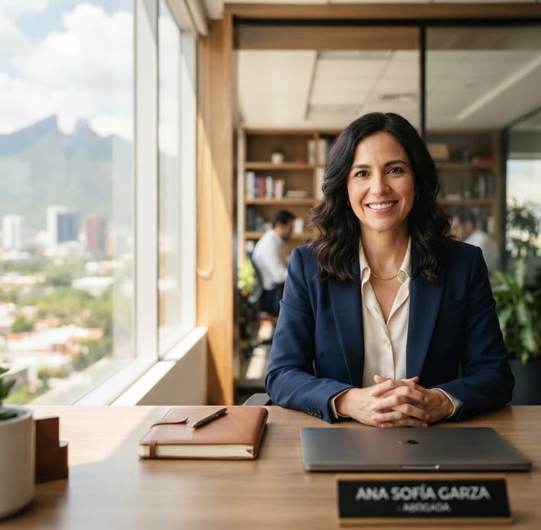 Professional corporate portrait of a Mexican legal advisor in a bright, modern office in Monterrey, natural daylight, warm tones, trustworthy expression