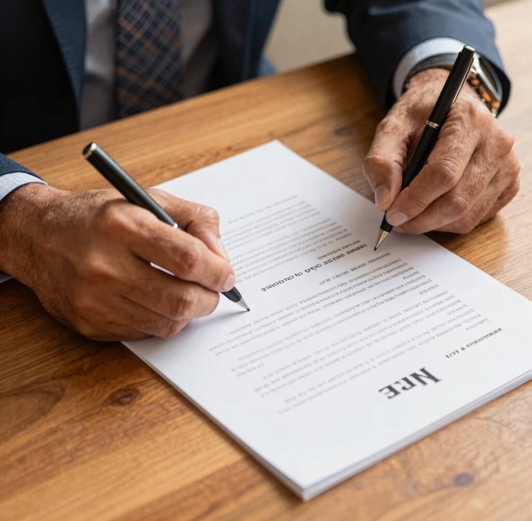 Close-up of hands signing legal property deeds on a wooden desk, clean high-contrast composition, warm natural daylight