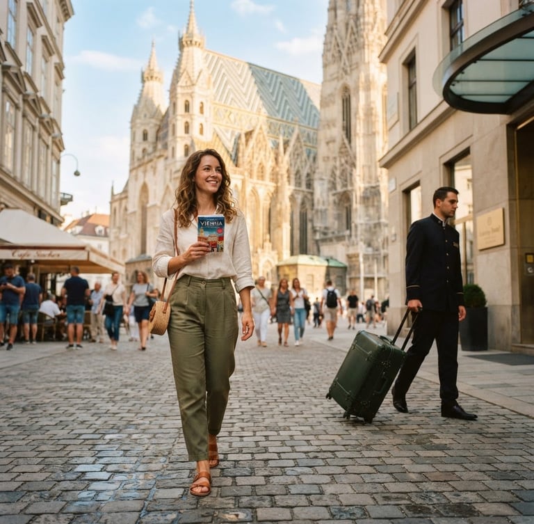 Relaxed traveler walking freely through a sunlit Viennese cobblestone street near St. Stephen's Cathedral, holding a small guidebook, with a secure, clean suitcase being professionally handled in the background, warm natural daylight.