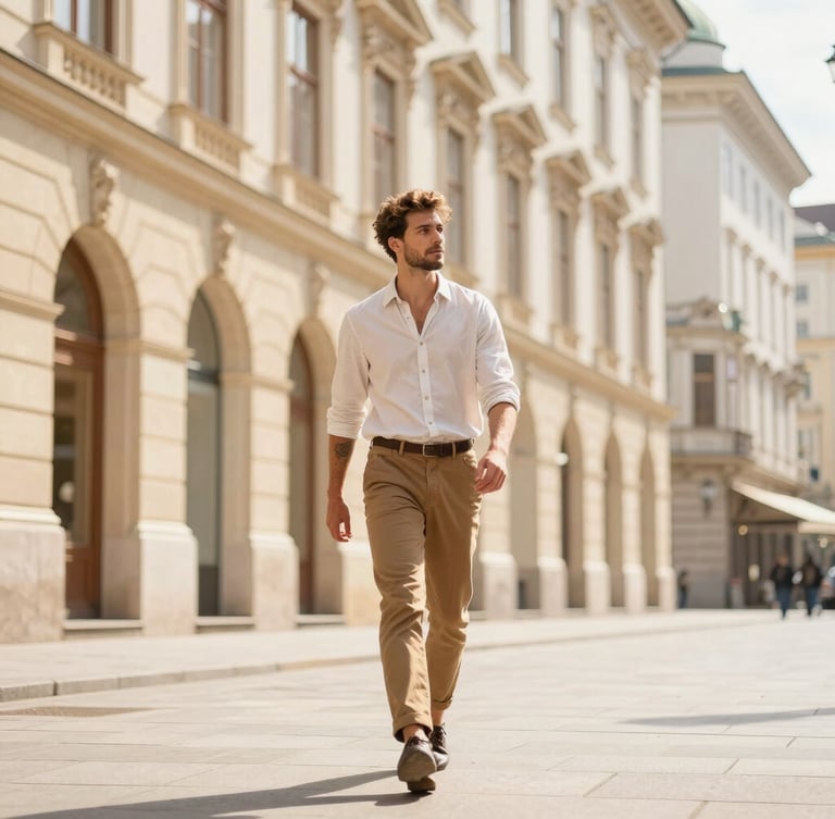 Relaxed traveler, dressed elegantly, walking freely through a historic Viennese street with iconic architecture, no luggage in hand, bathed in warm natural daylight, shallow depth of field.