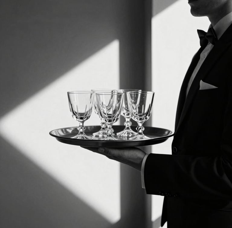 A sharp close-up of a waiter in a crisp black uniform carrying a minimalist tray of crystal glassware, high-contrast black and white photography, dramatic architectural lighting, deep shadows, 35mm film