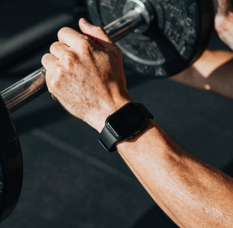 Close-up of a modern fitness wearable on an athlete's wrist during a heavy lift, high-contrast natural light, deep shadows, rich desaturated tones, 35mm