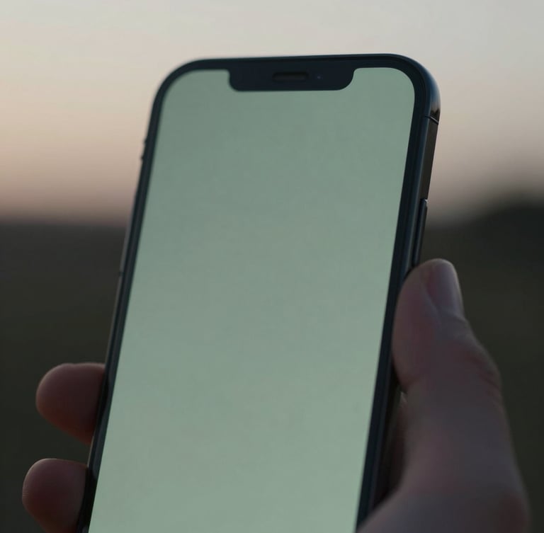 Extreme close-up of a hand holding a modern smartphone showing a soft-glowing, minimalist dark interface with sage green tones, diffused dusk light, macro depth of field, no harsh shadows